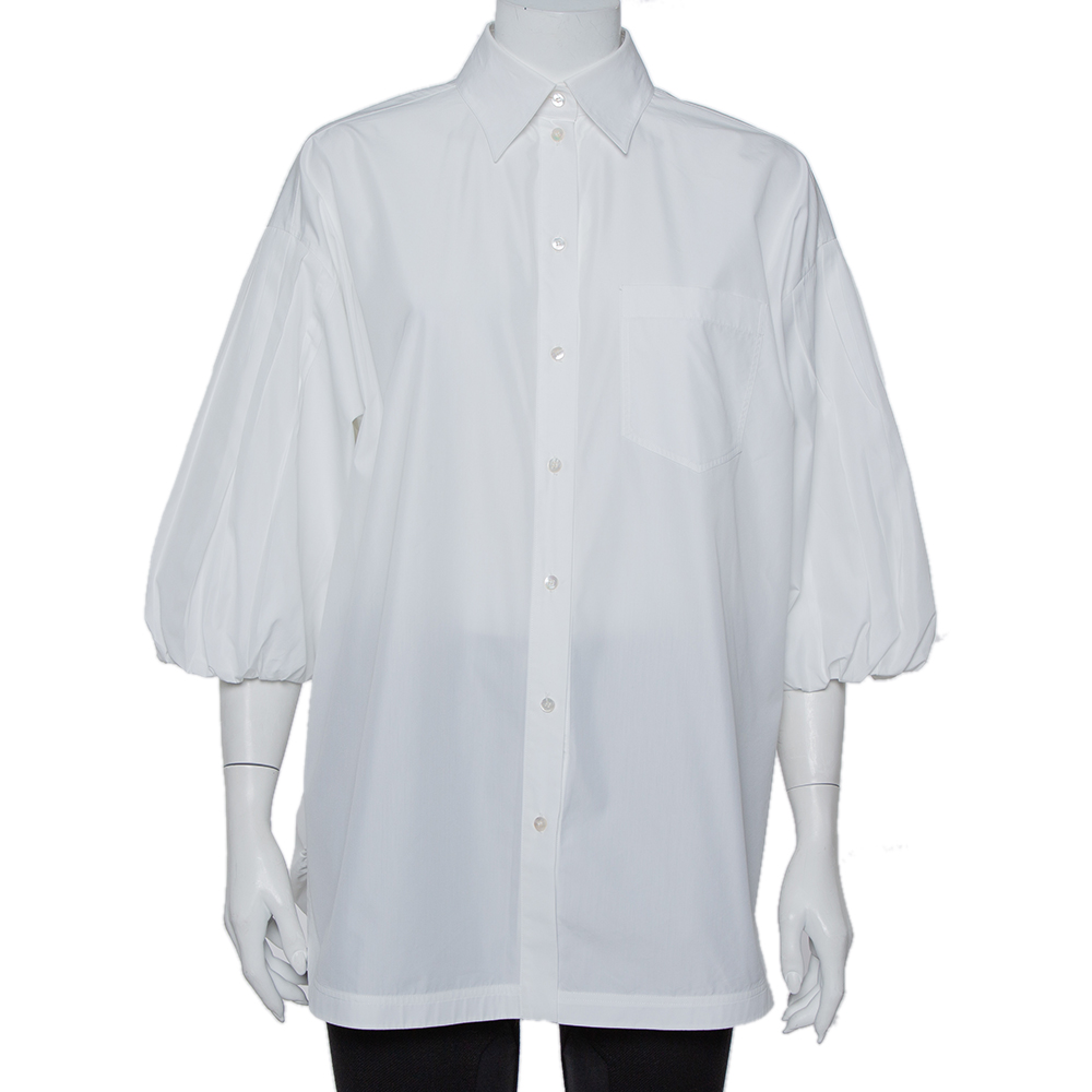 Valentino White Cotton Balloon Sleeve Pleated Oversized Shirt M