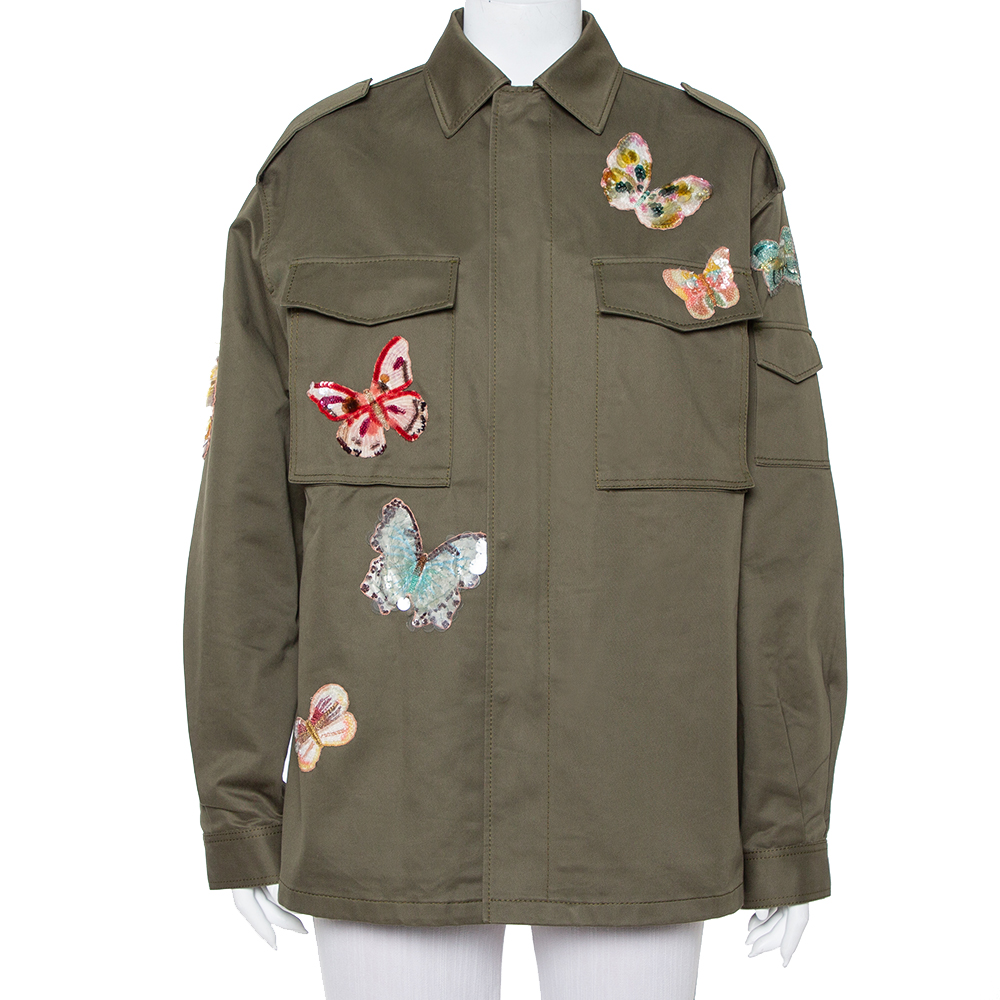 Valentino Green Canvas Sequined Butterfly Applique Cargo Pocket Detail Jacket M