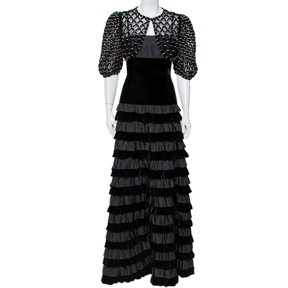 Valentino Black Velvet & Satin Embellished Cape Detail Ruffled Sleeveless Gown M
