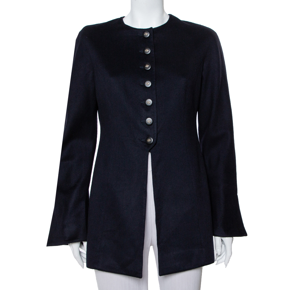 Valentino boutique midnight blue cashmere button front collarless vintage jacket l