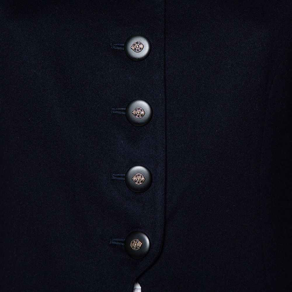 Valentino Boutique Midnight Blue Cashmere Button Front Collarless Vintage Jacket L