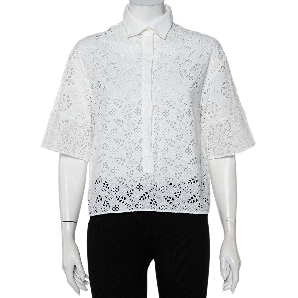 Valentino White Eyelet Lace Collared Button Front Shirt M