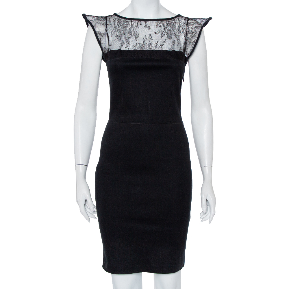 Valentino Black Knit & Lace Paneled Sheath Dress M