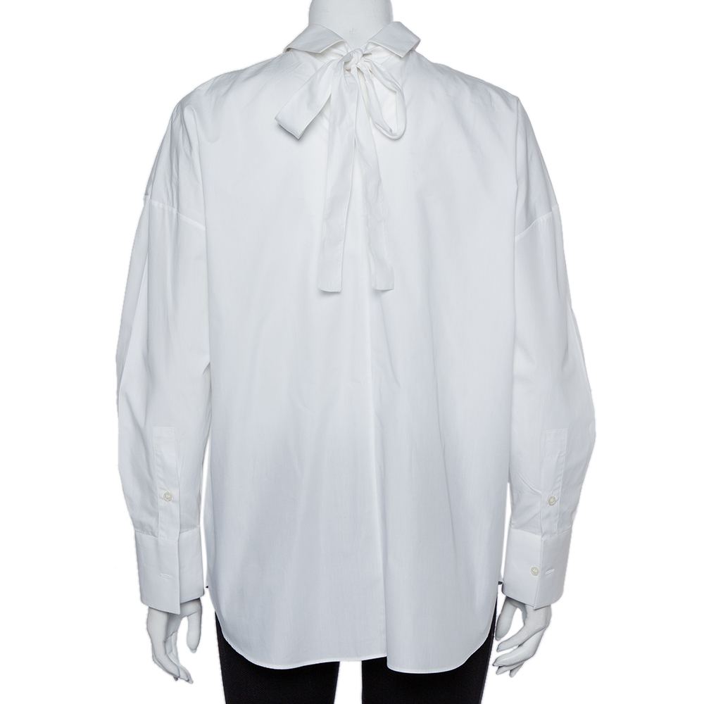 Valentino White Cotton Neck Tie Detail Oversized Shirt S