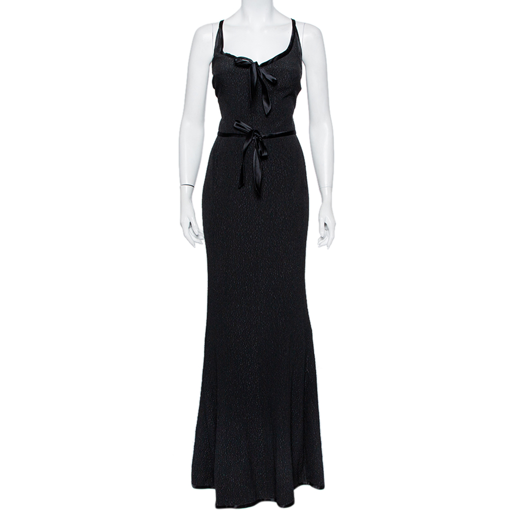 Valentino Boutique Vintage Black Textured Silk & Satin Tie Detail Sleeveless Maxi Dress M