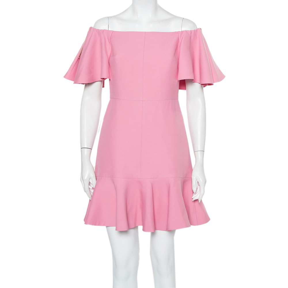 Valentino Pink Wool & Crepe Off Shoulder Mini Dress S