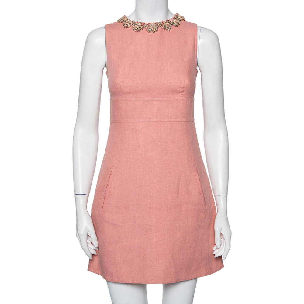 Valentino Pink Linen Embellished Neck Detail Sleeveless Sheath Dress S