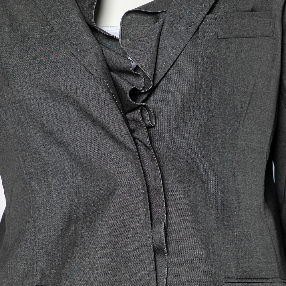 Valentino Grey Silk Ruffled Neck Button Front Blazer L