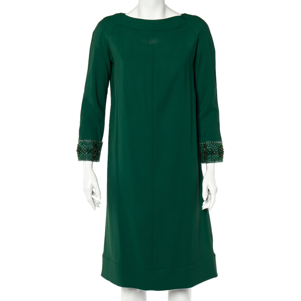 Valentino Green Crepe Embellished Sleeve Cape Detail Shift Dress M