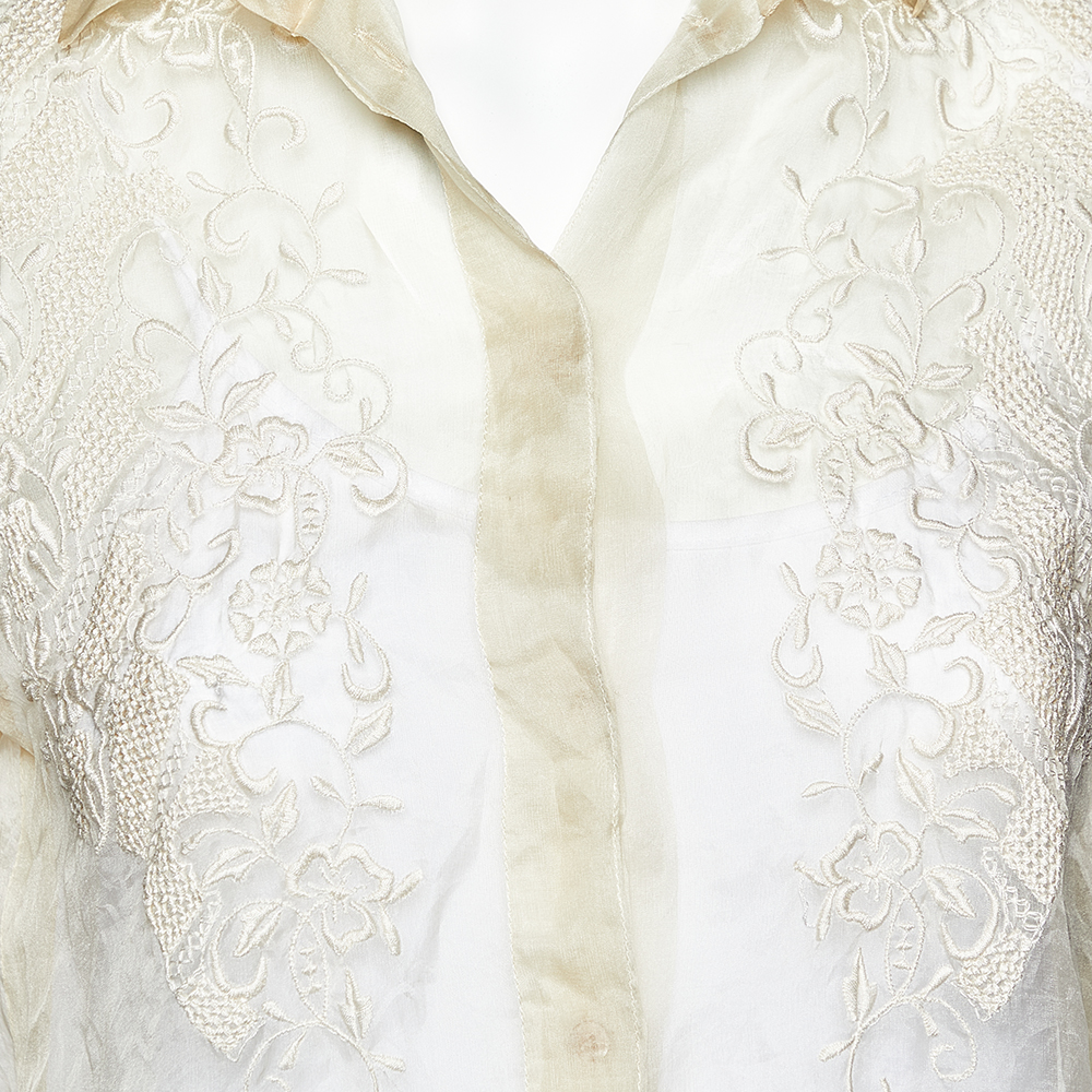 Valentino Cream Embroidered Silk Sheer Shirt M