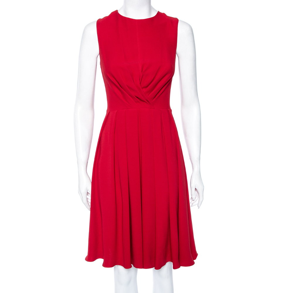 Valentino Red Crepe Sleeveless Pleated Dress S