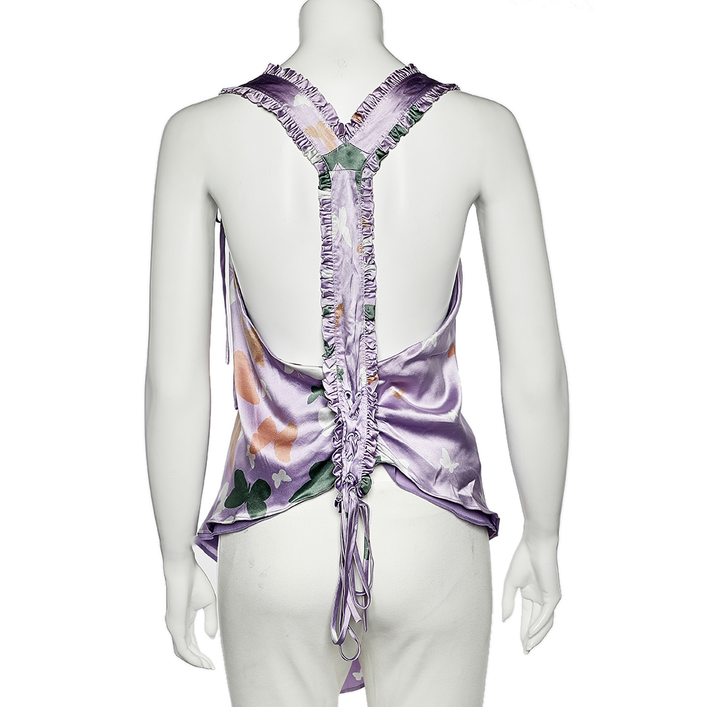 Valentino Lilac Butterfly Printed Silk Satin Asymmetric Hem Camisole M