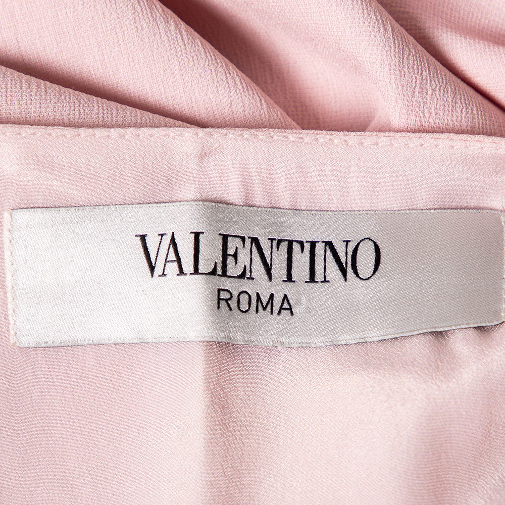 Valentino Pink Chiffon Bow Applique Pleated Yolk Detailed Shift Dress M