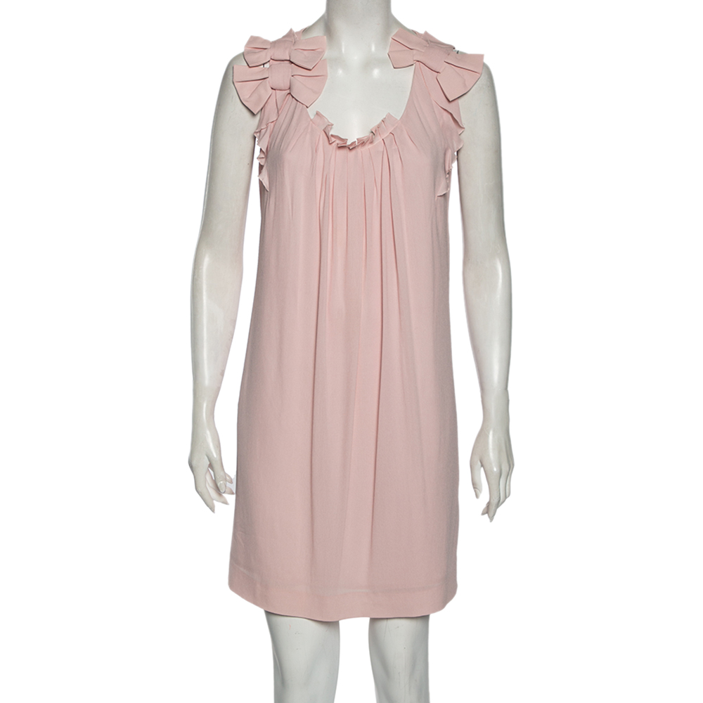 Valentino pink chiffon bow applique pleated yolk detailed shift dress m