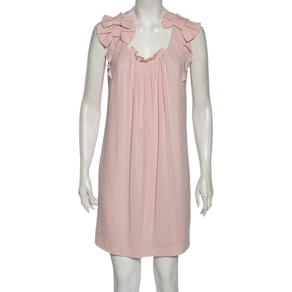 Valentino Pink Chiffon Bow Applique Pleated Yolk Detailed Shift Dress M