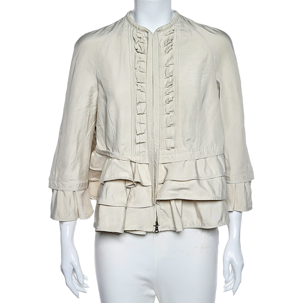 Valentino Cream Ruffled Cotton Zip Front Jacket M