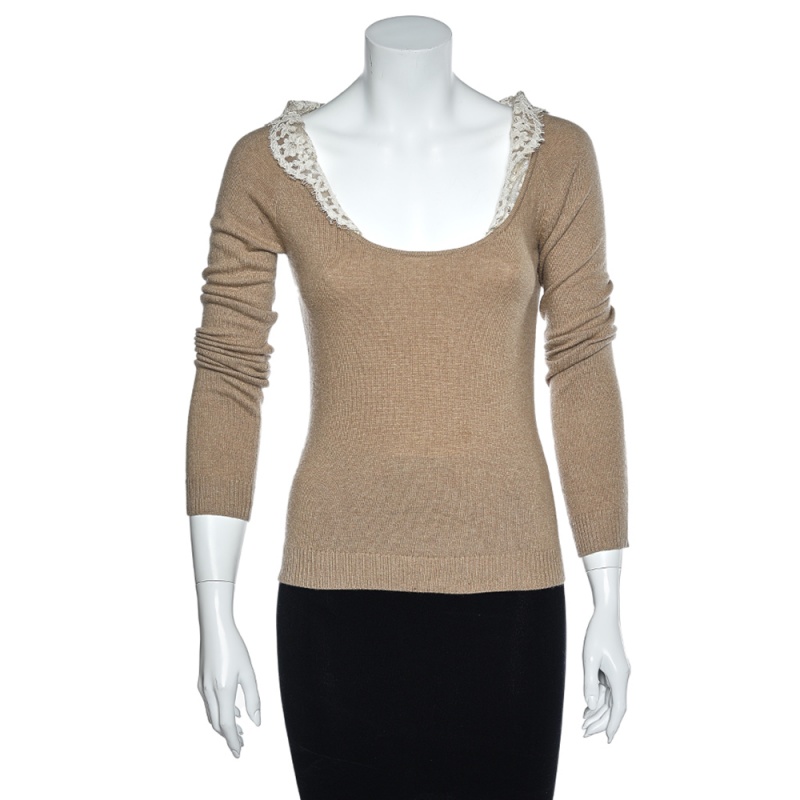 Valentino vintage beige wool & cashmere lace trim detail top s