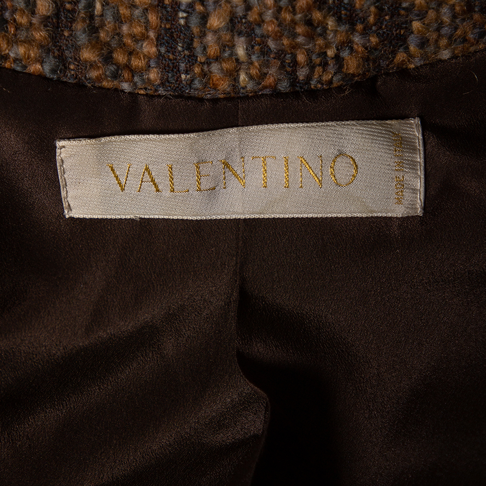 Valentino Brown Boucle Knit & Suede Trimmed Zip Front Jacket L