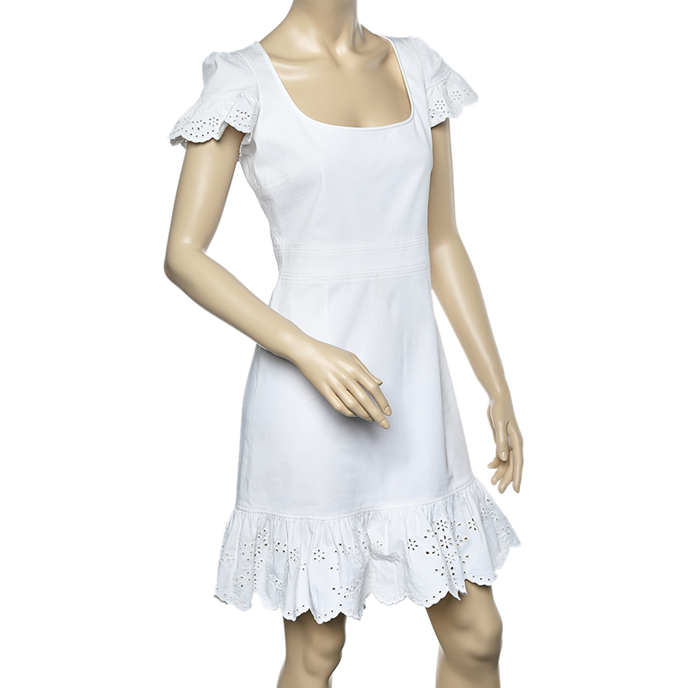 

Valentino White Cotton Scallop Trim Detail Mini Dress