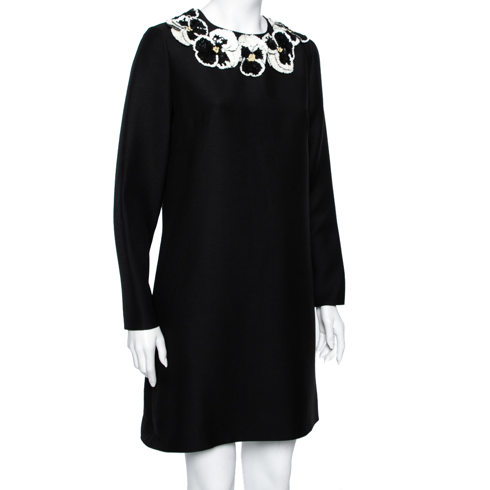 

Valentino Black Wool & Silk Crepe Embellished Neck Shift Dress