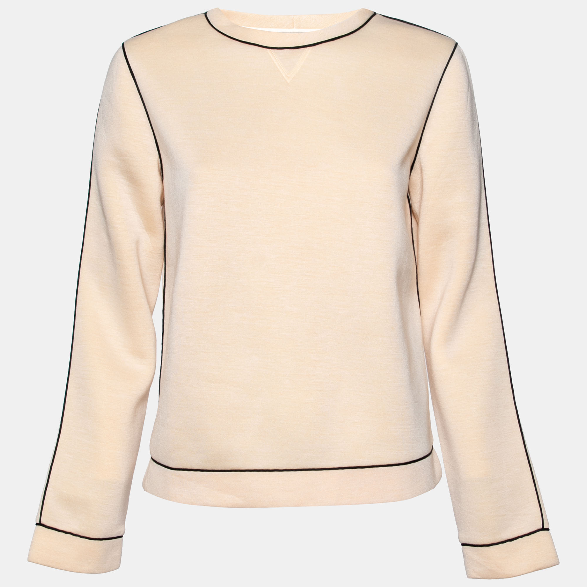 Valentino Cream Neoprene Contrast Piping Detailed Long Sleeve Top S