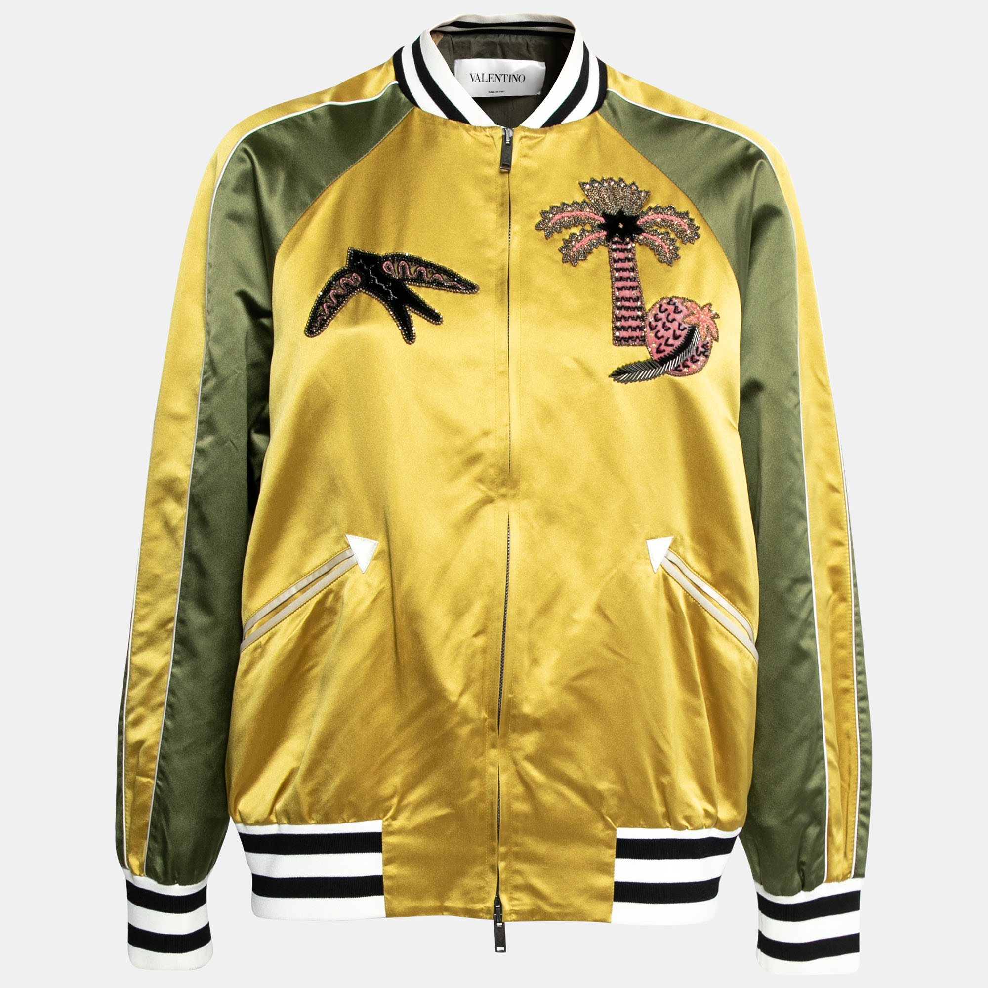 Valentino Yellow & Green Silk Satin Embroidered Patch Detail Bomber Jacket L