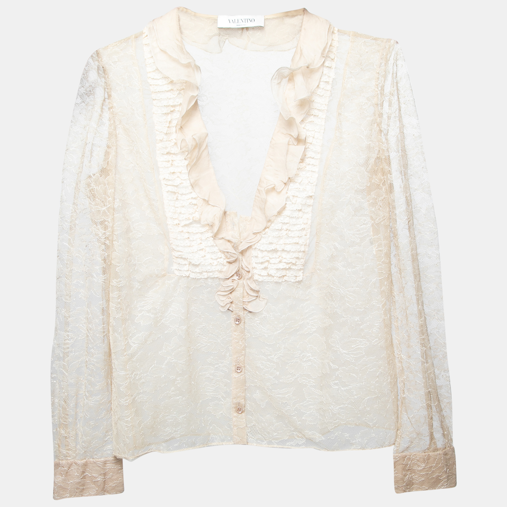 Valentino Beige Lace Ruffle Detail Button Front Long Sleeve Blouse L