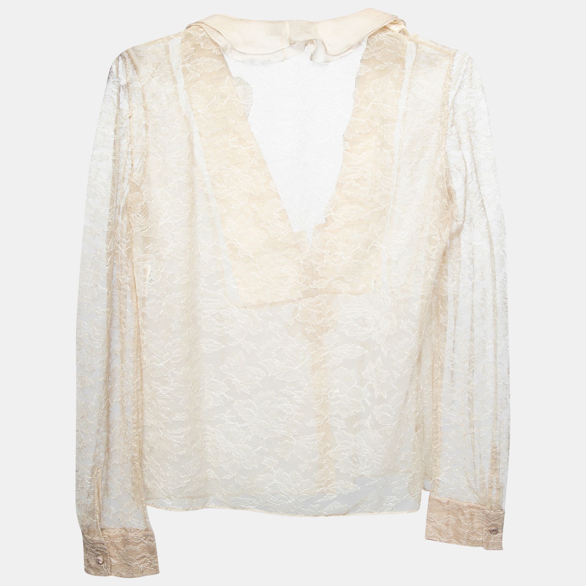 Valentino Beige Lace Ruffle Detail Button Front Long Sleeve Blouse L