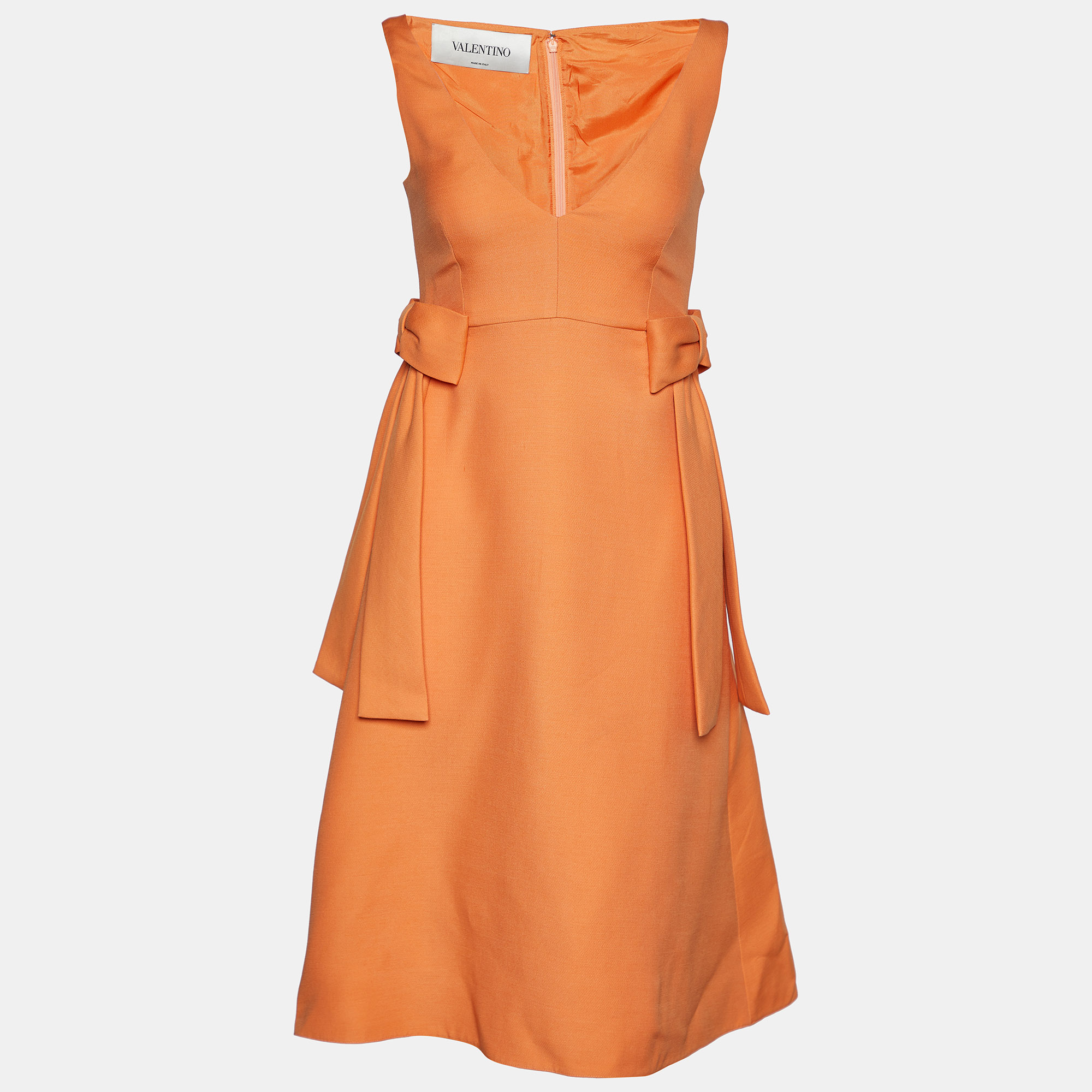 Valentino Orange Wool & Silk Bow Detail Sleeveless Dress XS