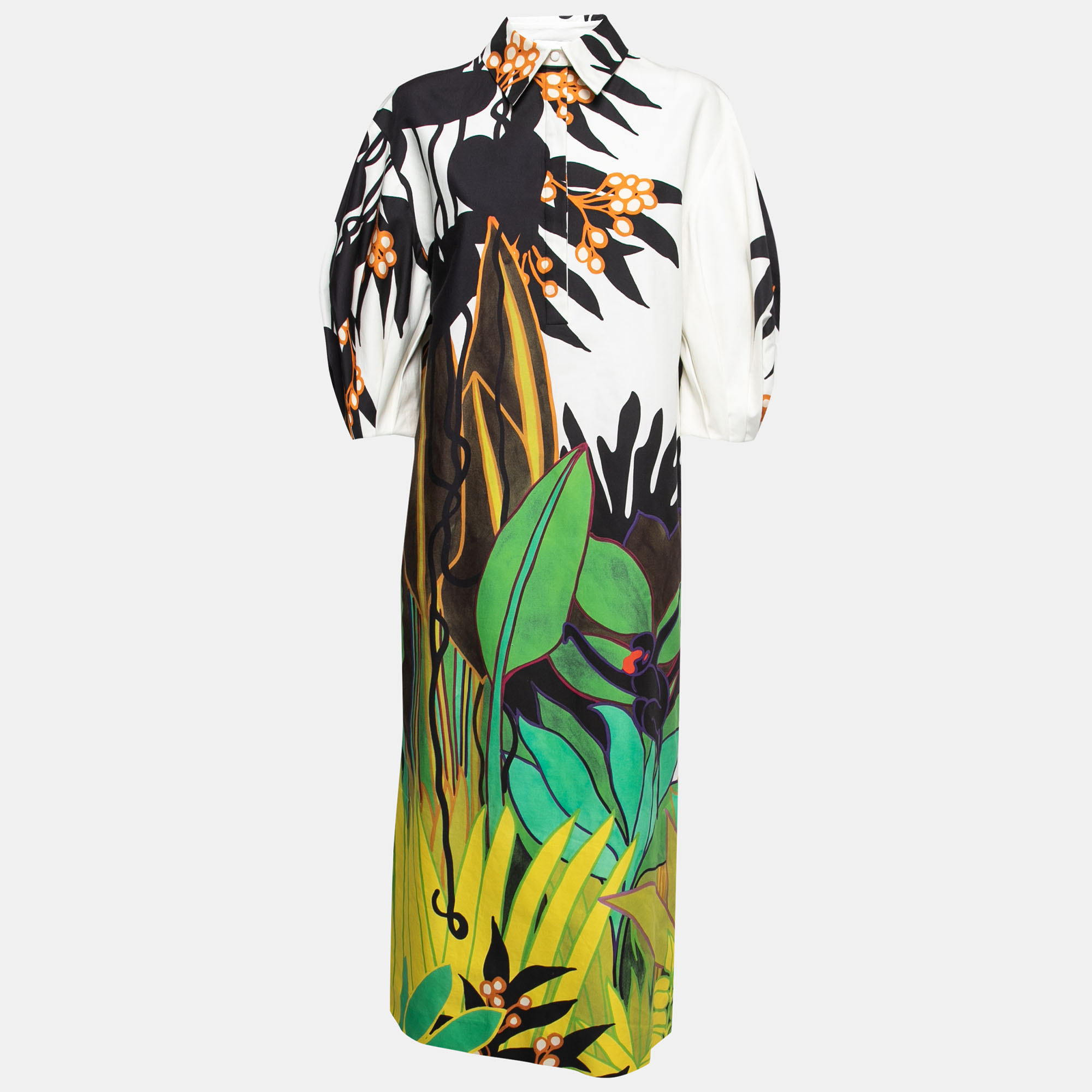 Valentino White Jungle Print Cotton Puff Sleeve Long Dress S