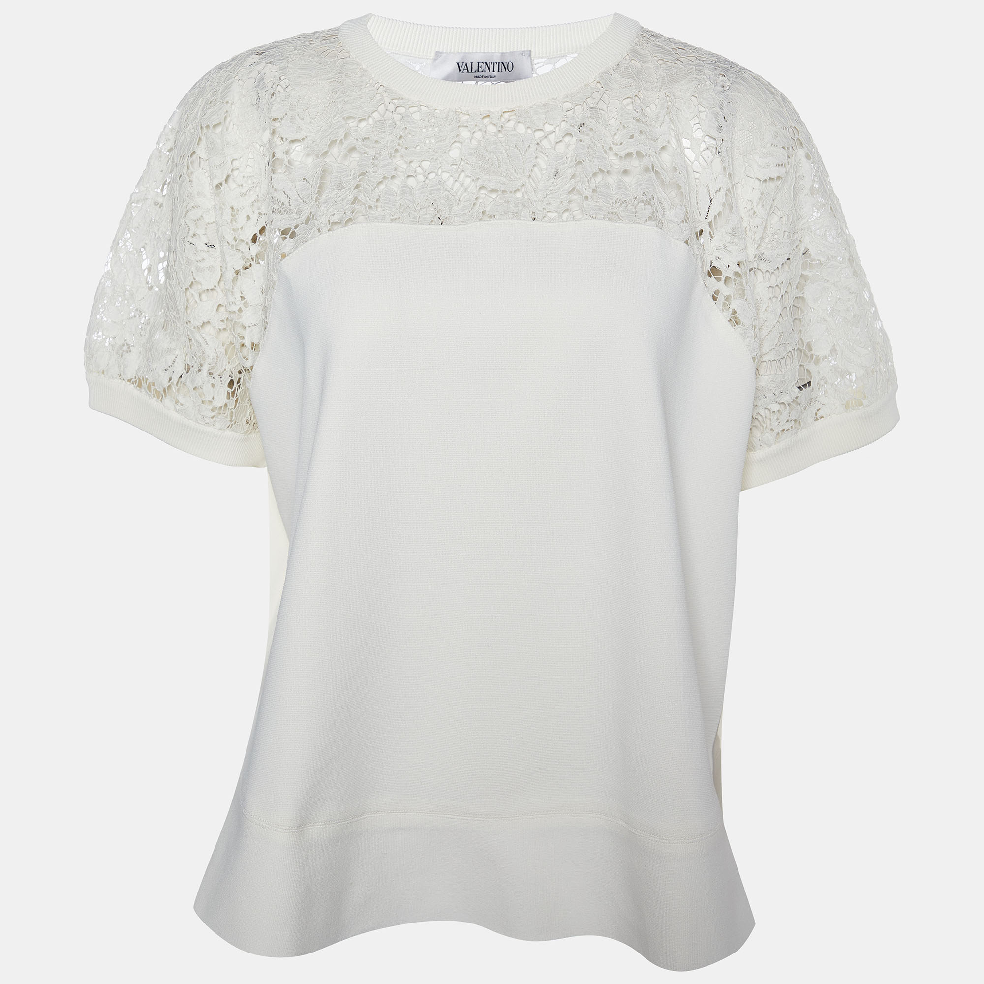 Valentino Off White Lace & Knit Paneled Oversized T-Shirt L