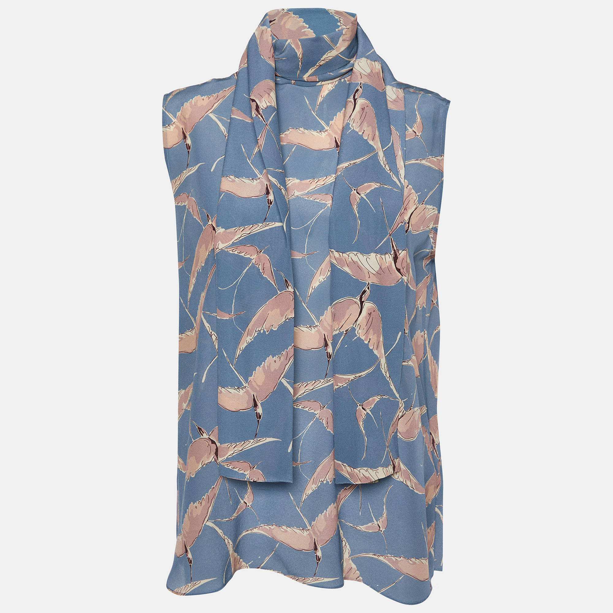 Valentino Blue Bird Printed Silk Neck Tie Detail Top M