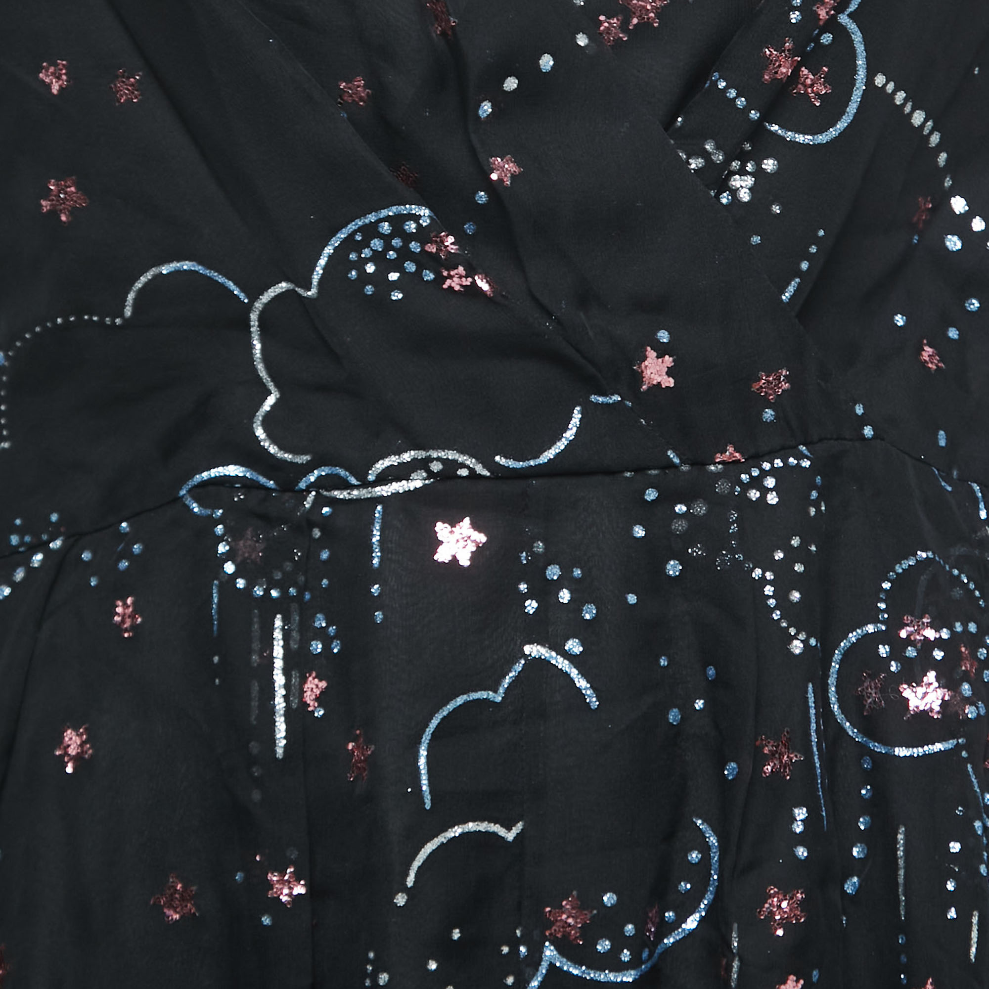 Valentino Black Embellished Glitter Clouds Patterned Silk Midi Wrap Dress M