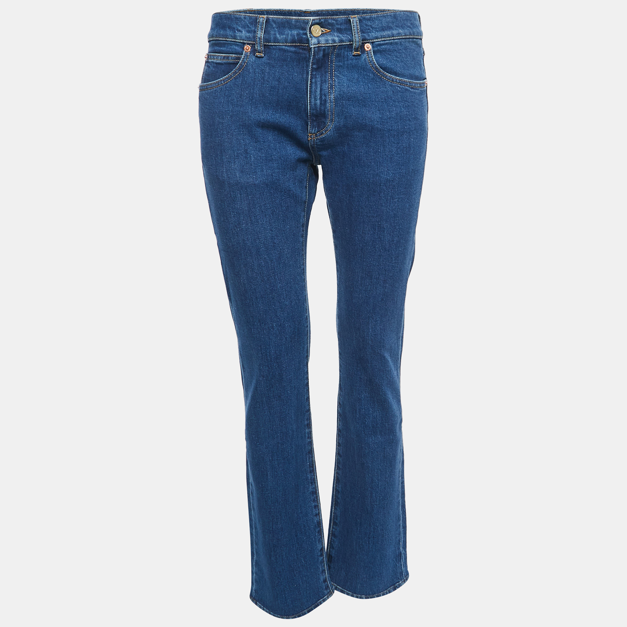 Valentino Blue Denim V Logo Pocket Detailed Straight Legged Jeans S Waist 27