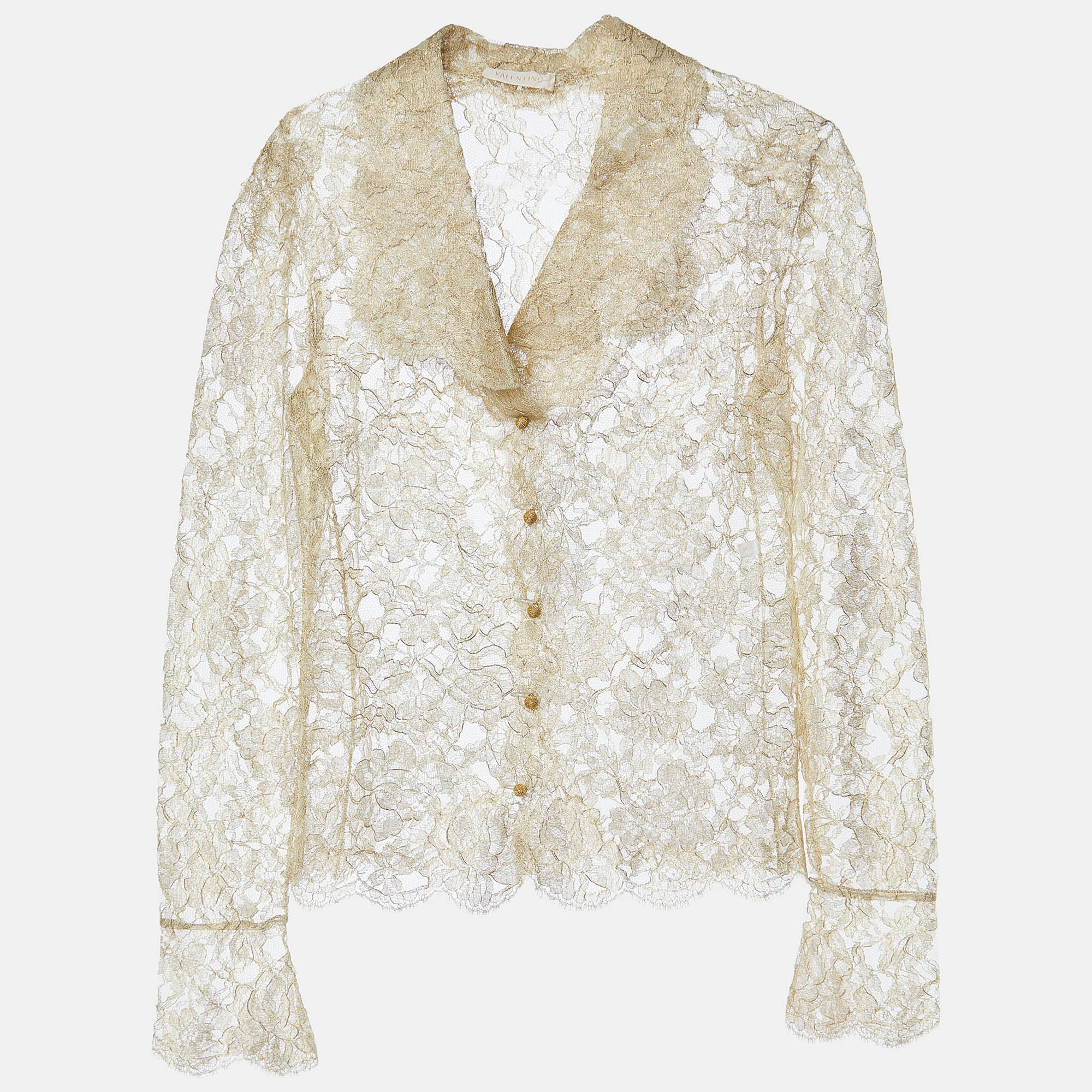 Valentino Gold Floral Lace Buttoned Lace Blouse M