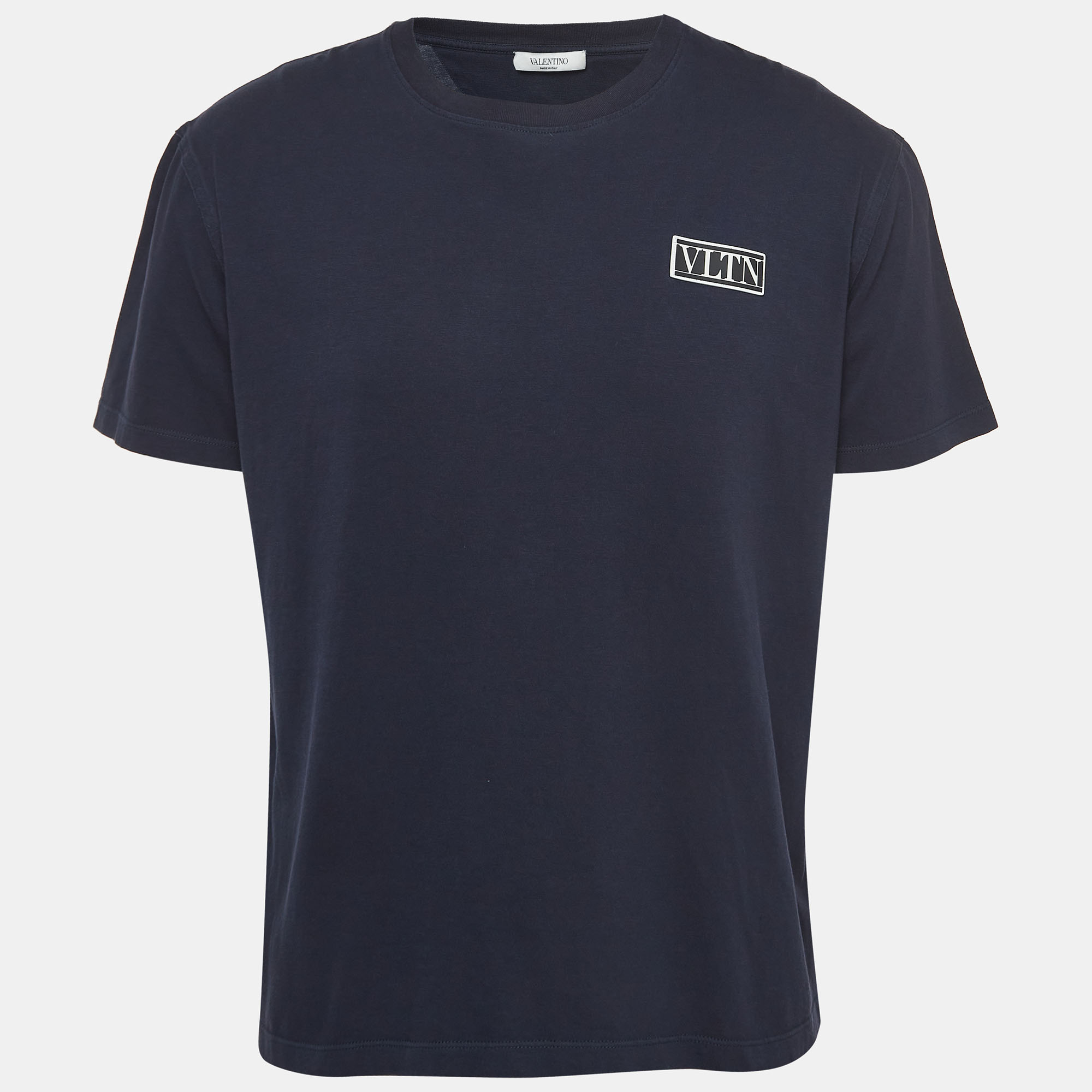 Valentino Navy Blue Cotton VLTN Logo Patch Half Sleeve T-Shirt XS