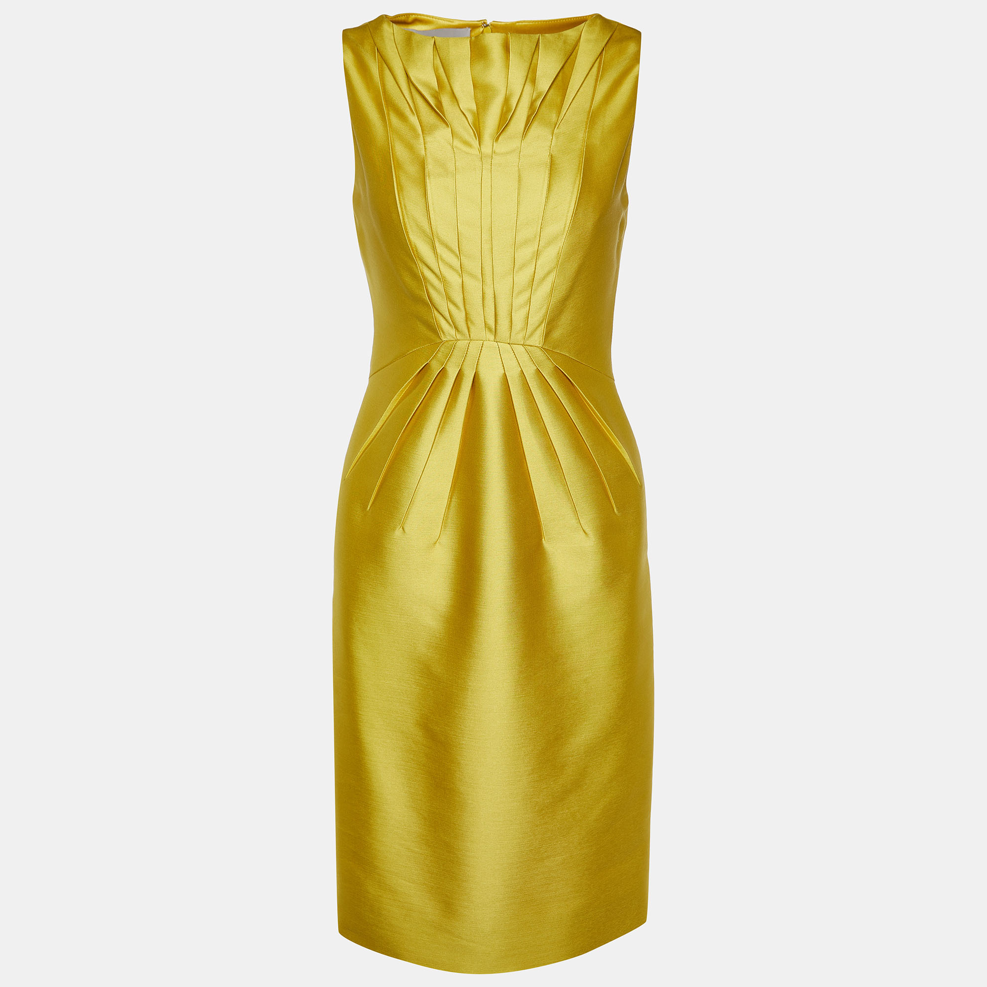Valentino mustard yellow silk & wool pleated detail sheath dress s