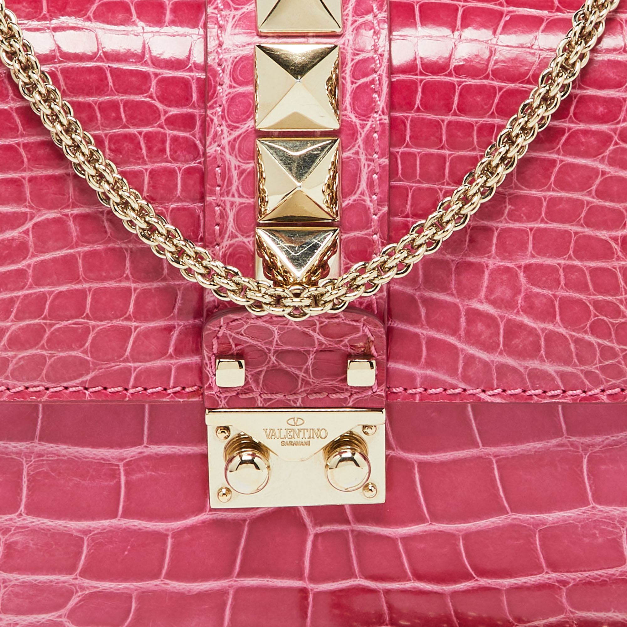 Valentino Pink Crocodile Small Glam Lock Shoulder Bag