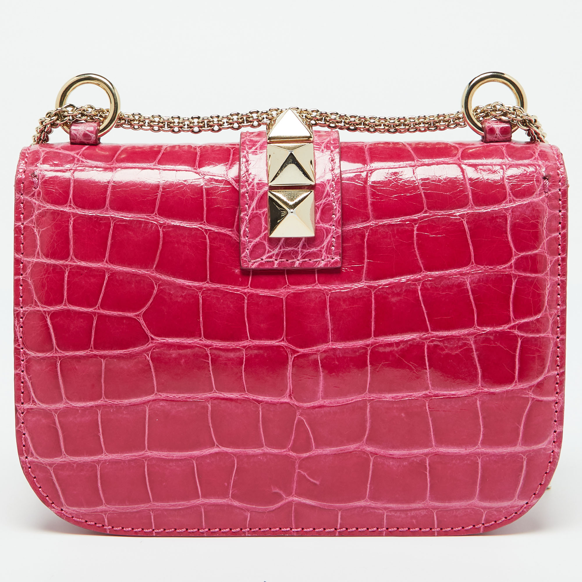 Valentino Pink Crocodile Small Glam Lock Shoulder Bag