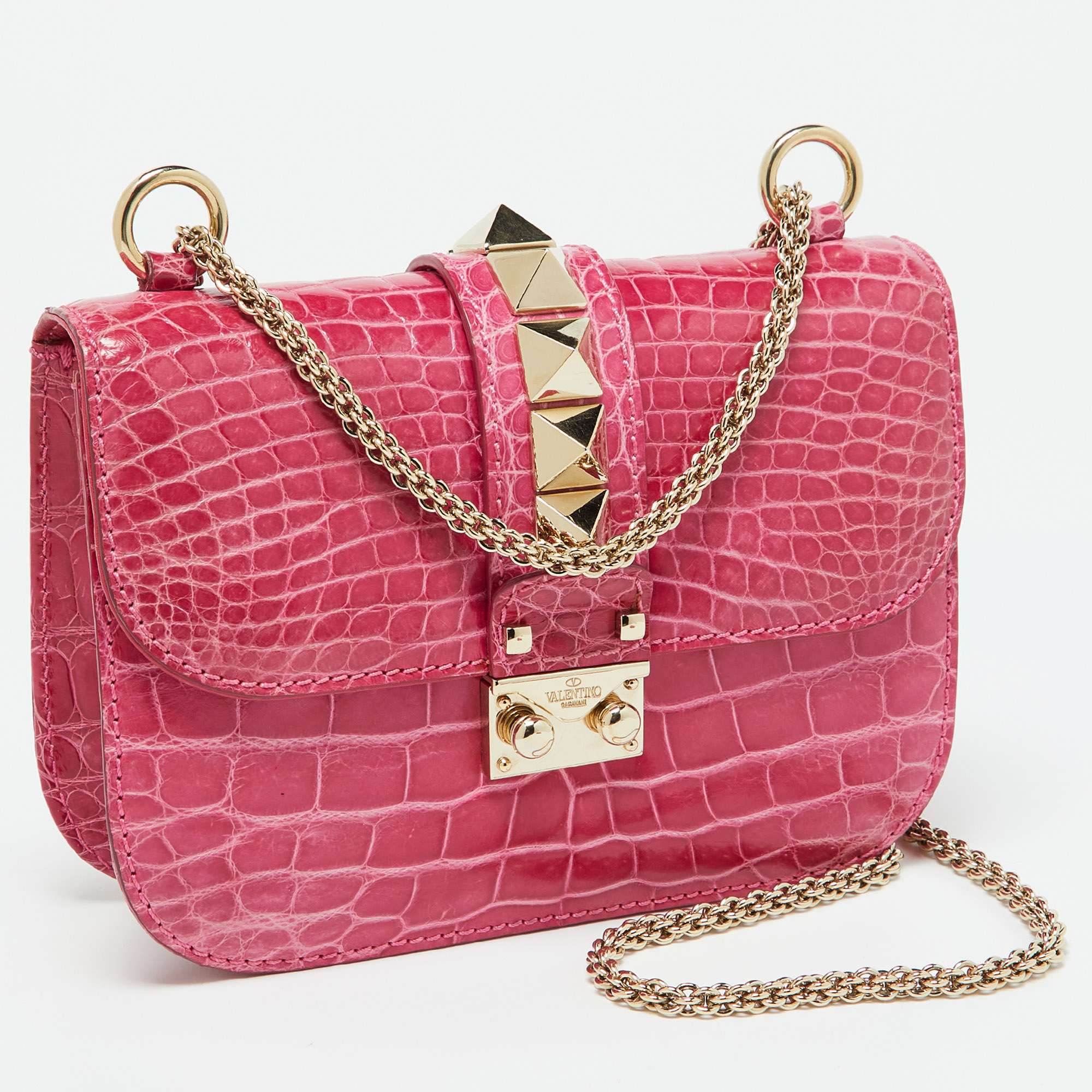 Valentino Pink Crocodile Small Glam Lock Shoulder Bag