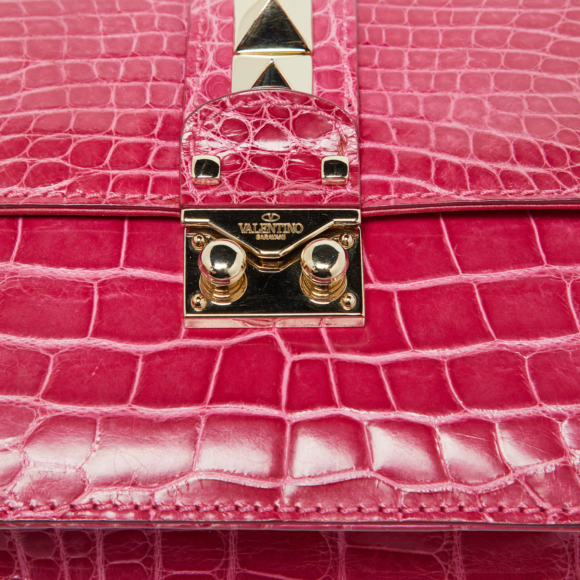 Valentino Pink Crocodile Small Glam Lock Shoulder Bag