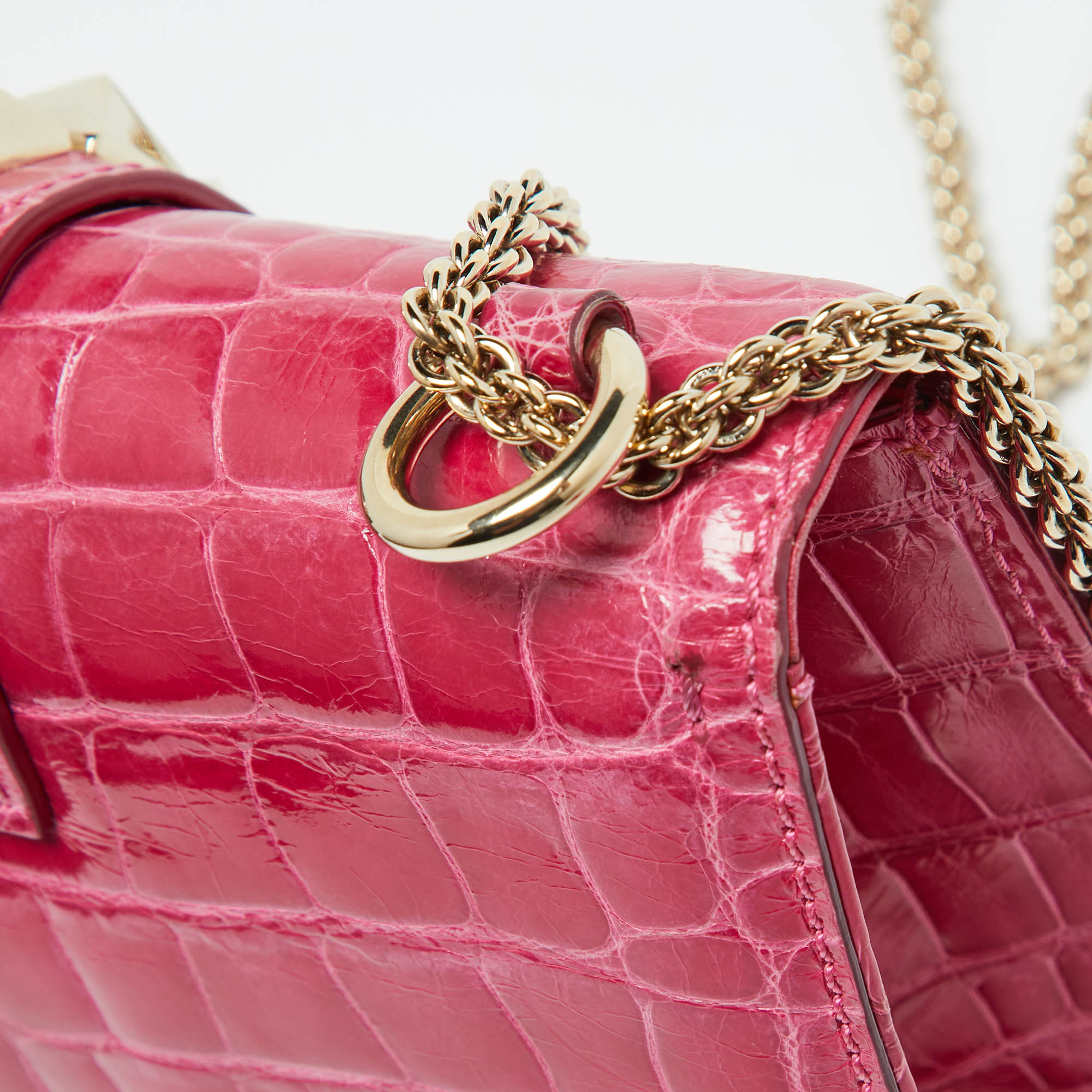 Valentino Pink Crocodile Small Glam Lock Shoulder Bag