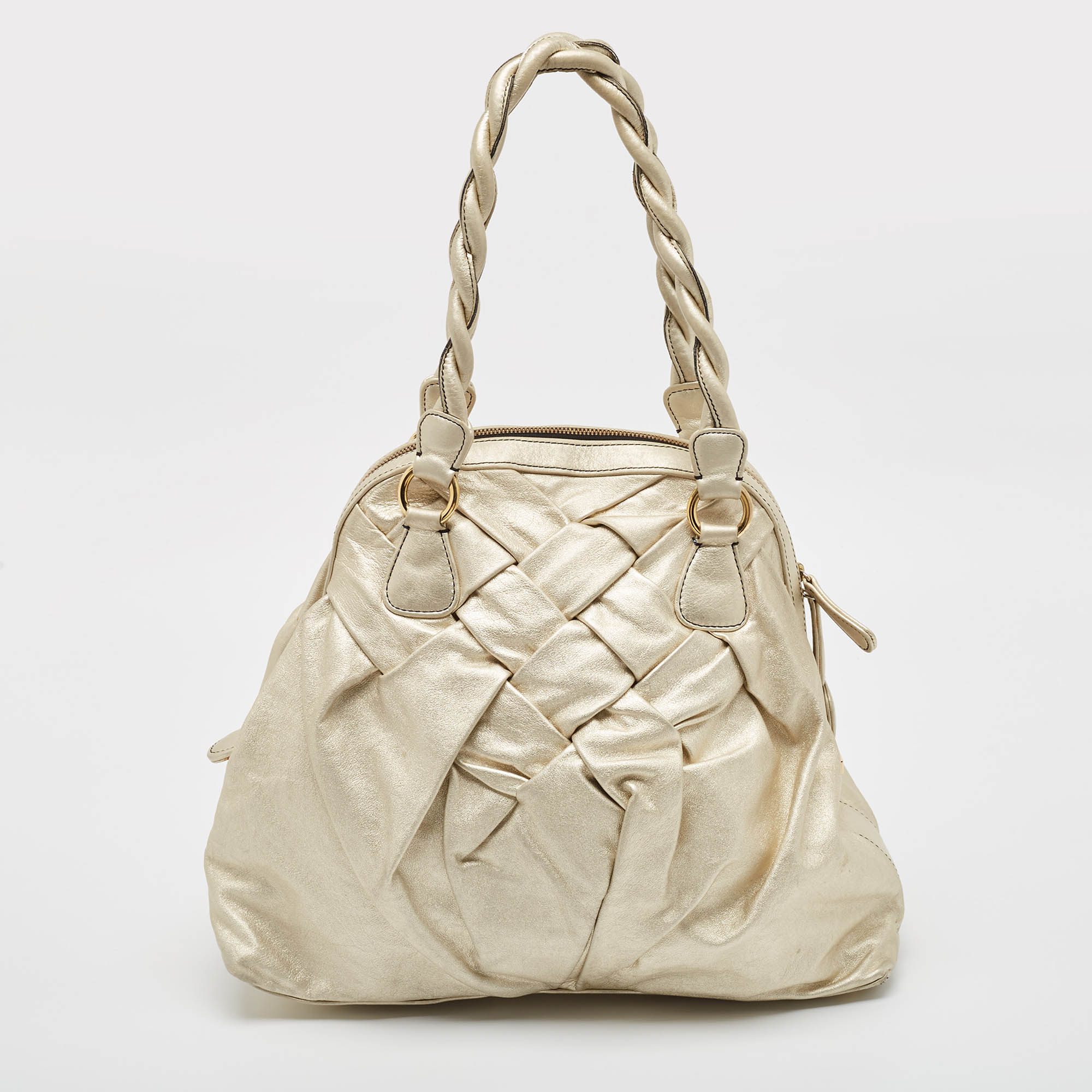 Valentino Light Gold Leather Braided Satchel