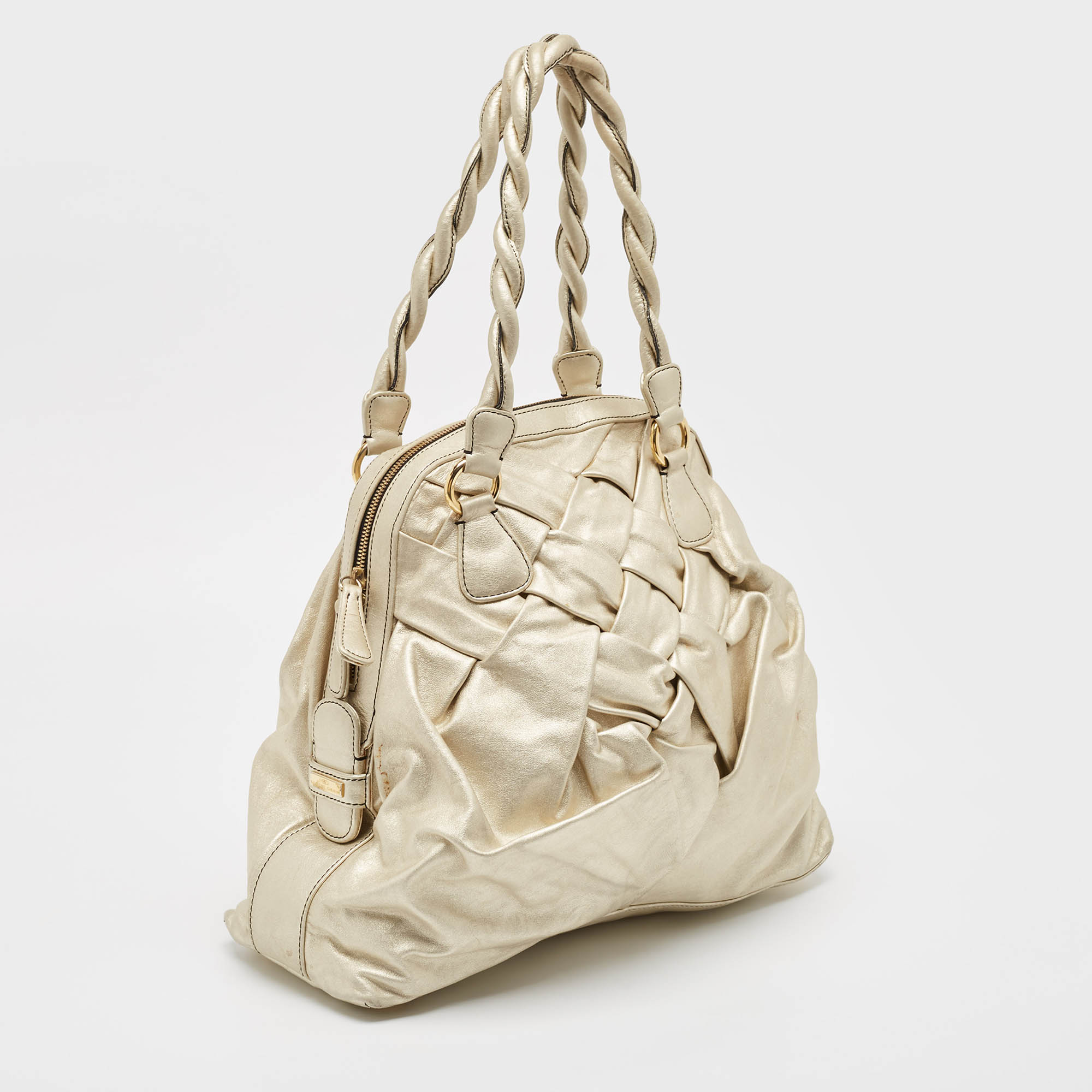 Valentino Light Gold Leather Braided Satchel