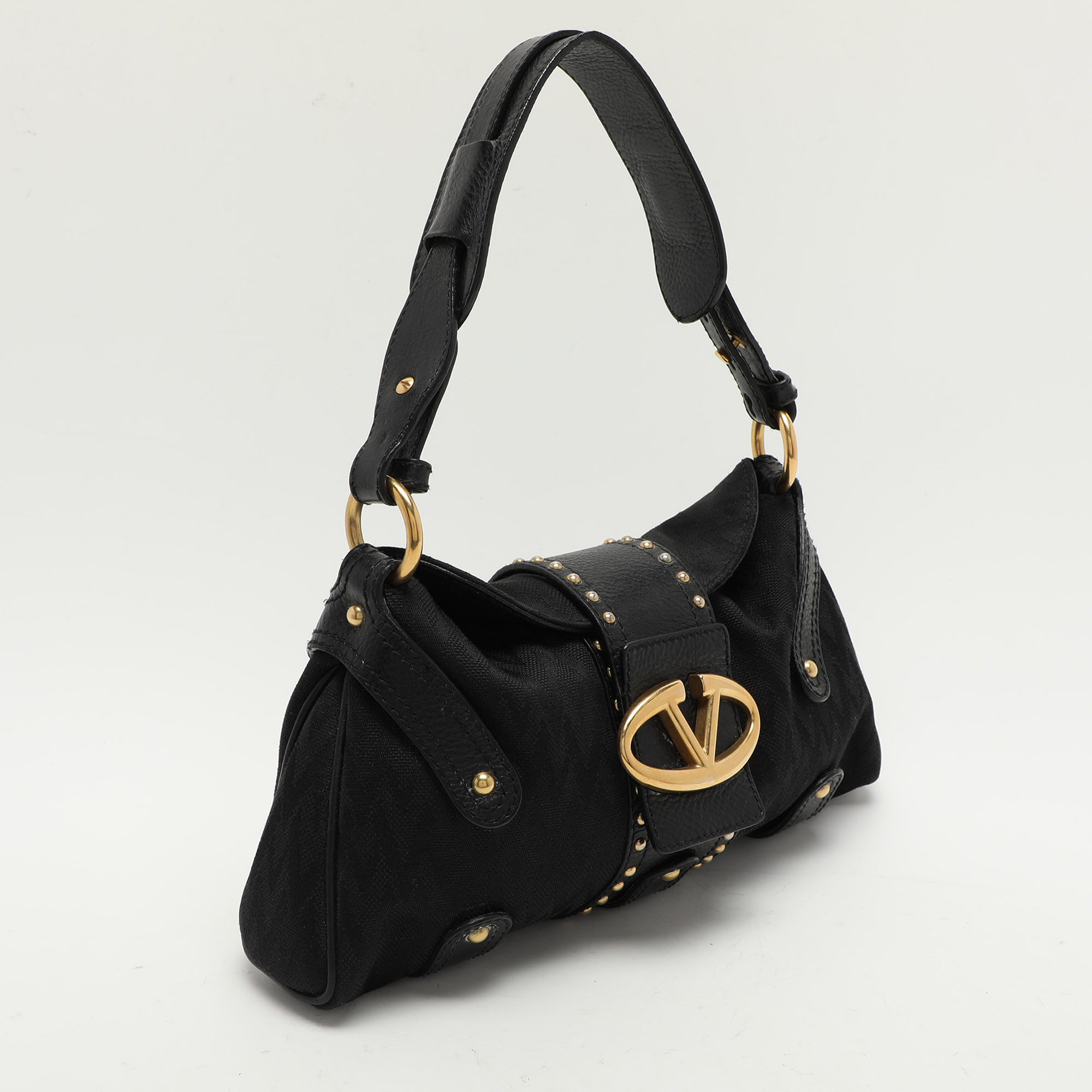 Valentino Black Canvas And Leather Embellished Satchel