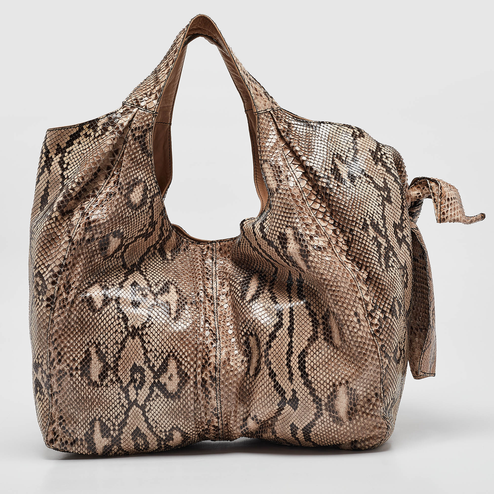 Valentino Beige/Brown Water Snake Bow Hobo