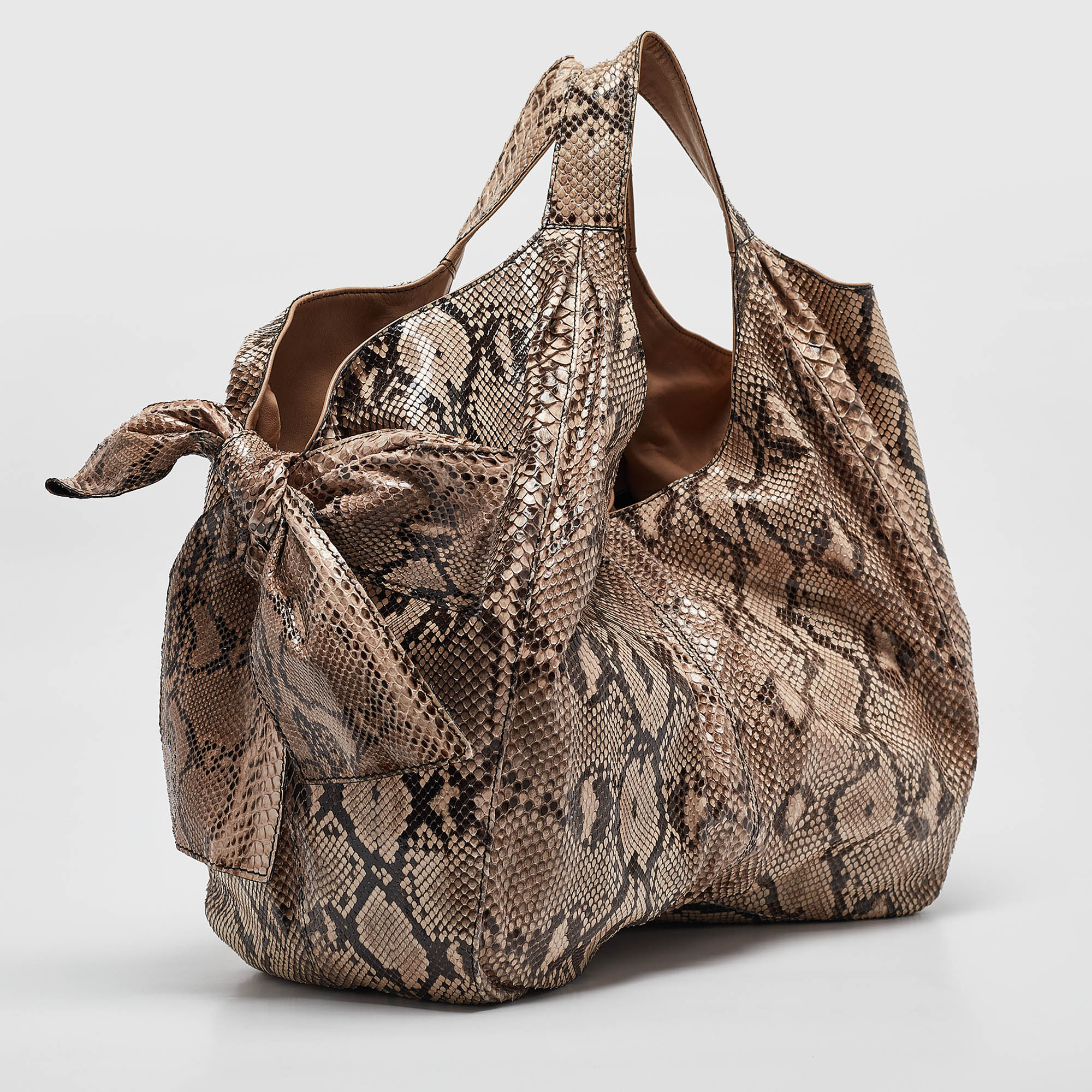 Valentino Beige/Brown Water Snake Bow Hobo