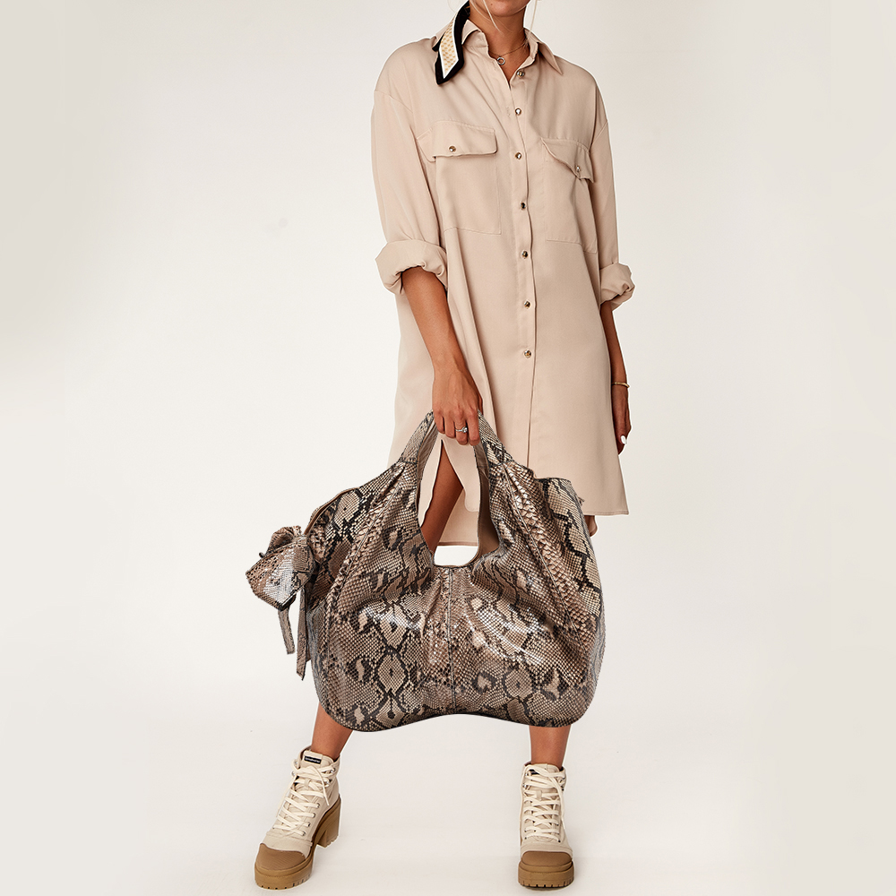 Valentino Beige/Brown Water Snake Bow Hobo