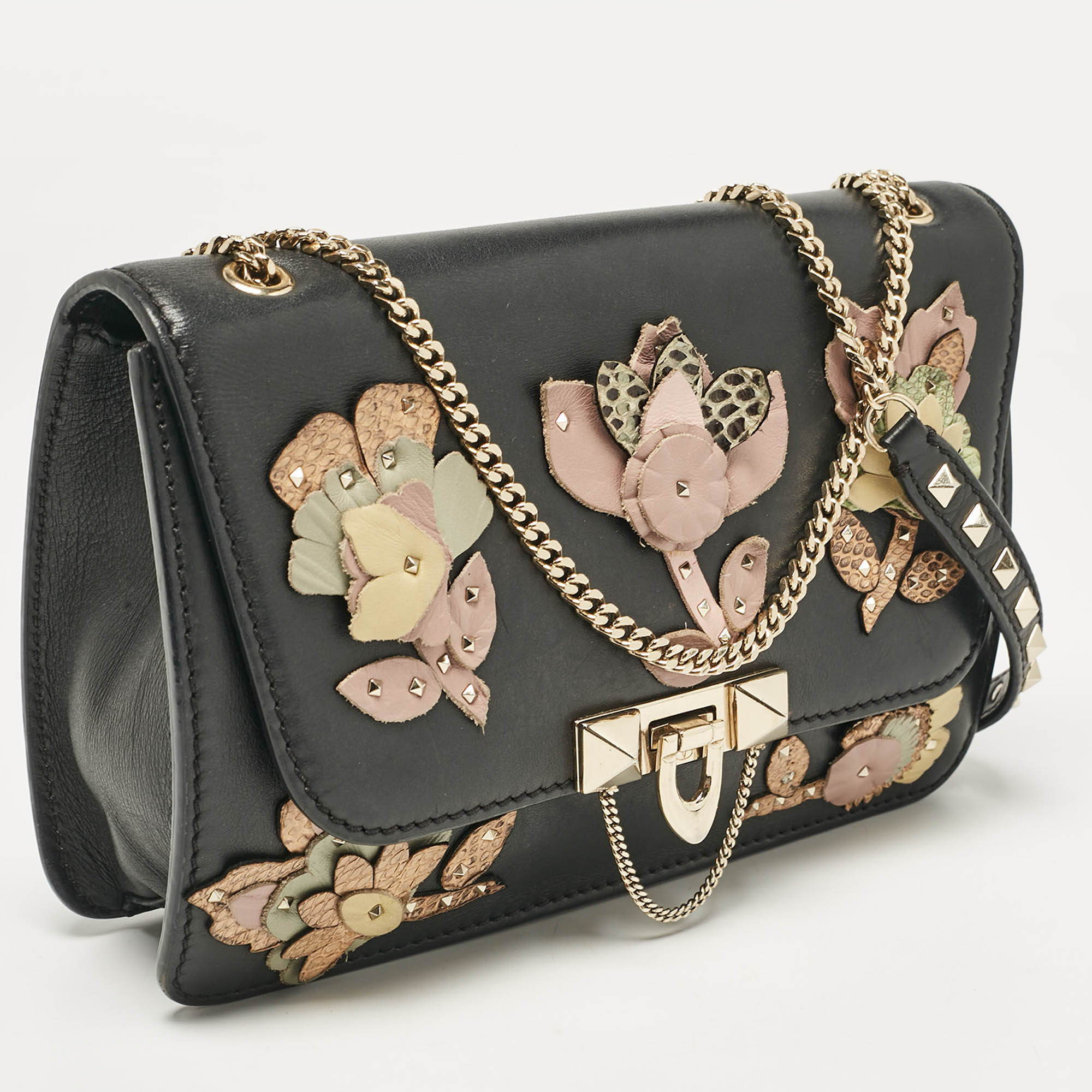 Valentino Black Leather Floral Demilune Shoulder Bag