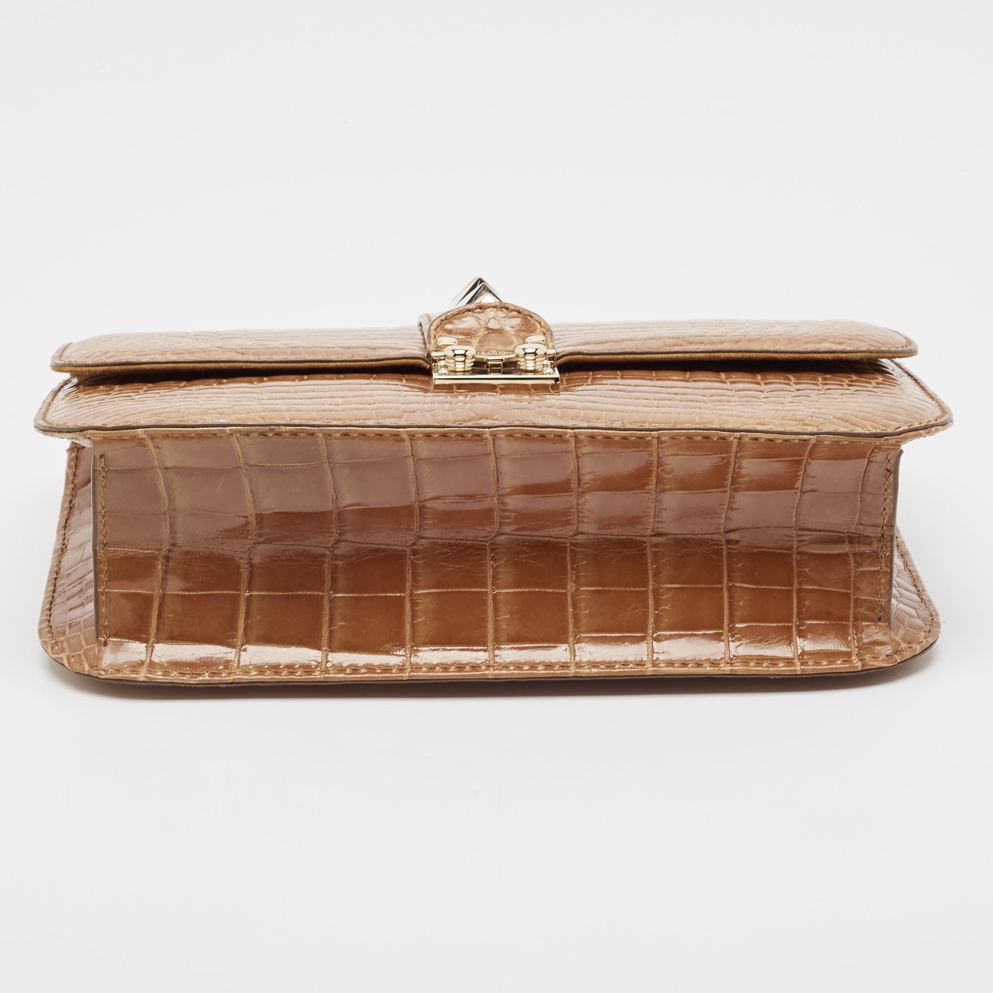 Valentino Brown Crocodile Medium Rockstud Glam Lock Shoulder Bag